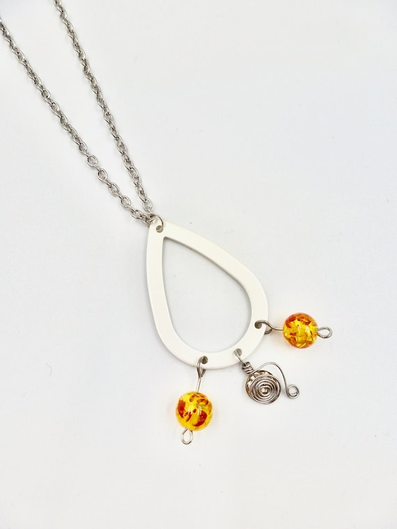 Silver, Yellow and Orange Beaded Pendant Chain Necklace