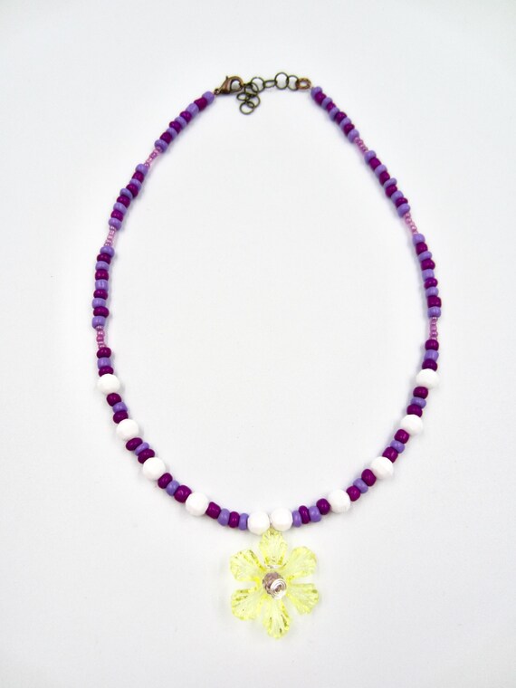 Y2K Yellow Flower Pendant Purple Beaded Necklace by Lauren Jay Designs