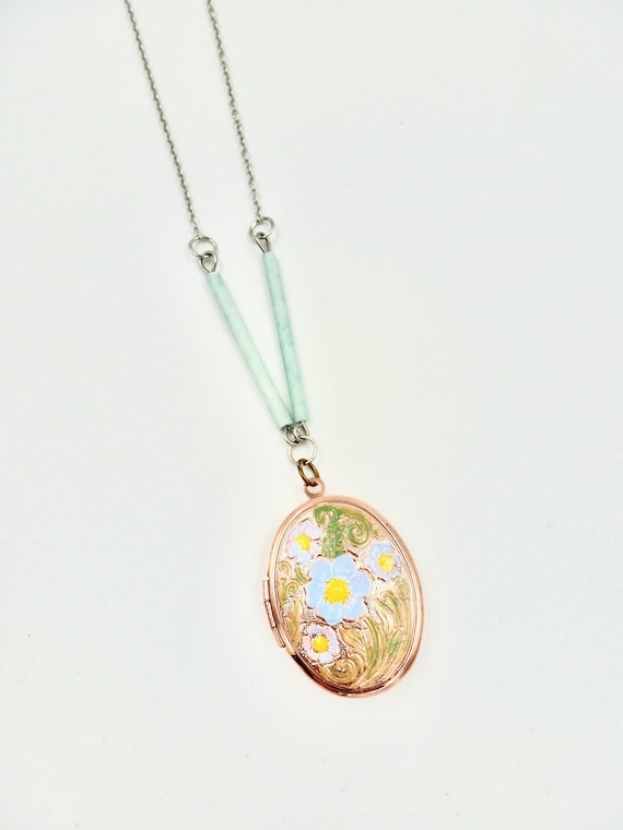 Blue Floral Copper Locket Pendant Blue Beaded Chain Necklace by Lauren Jay Designs