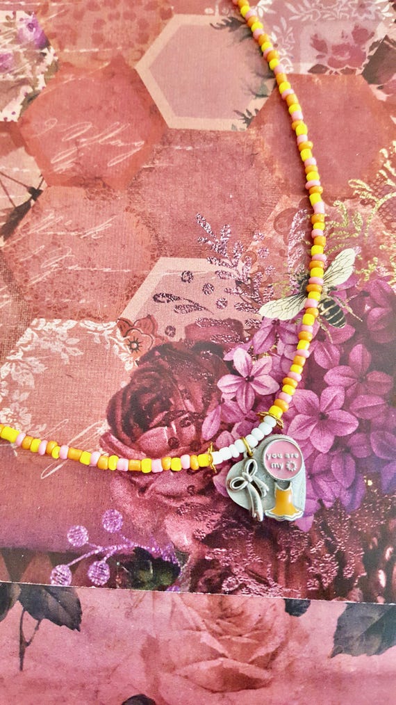 You Are My Sunshine, Dress and Bow Charm Silver Heart Pendant Pink, Orange and Yellow Beaded Necklace by Lauren Jay Designs