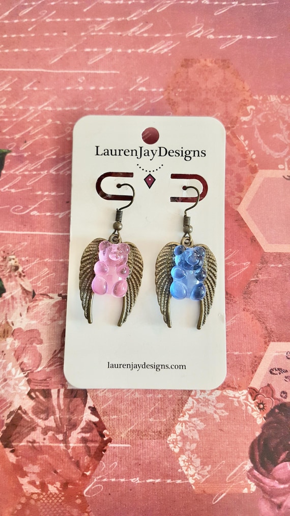 Halloween Gummy Bear Pink, Blue, and Purple Resin Antique Gold Coloured Fairy Winged Dangle Earrings by Lauren Jay Designs