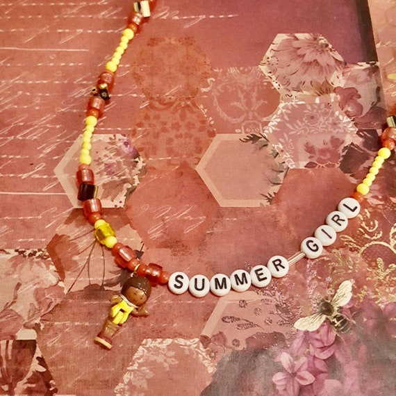 1994 Polly Pocket Lulu Doll Pendant 'Summer Girl' Floral Yellow and Red Beaded Necklace by Lauren Jay Designs