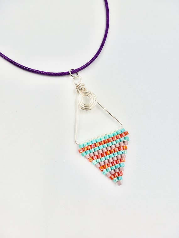 Brick Stitch Beadwork Triangle Wire Wrapped Pendant Purple Cord Necklace by Lauren Jay Designs