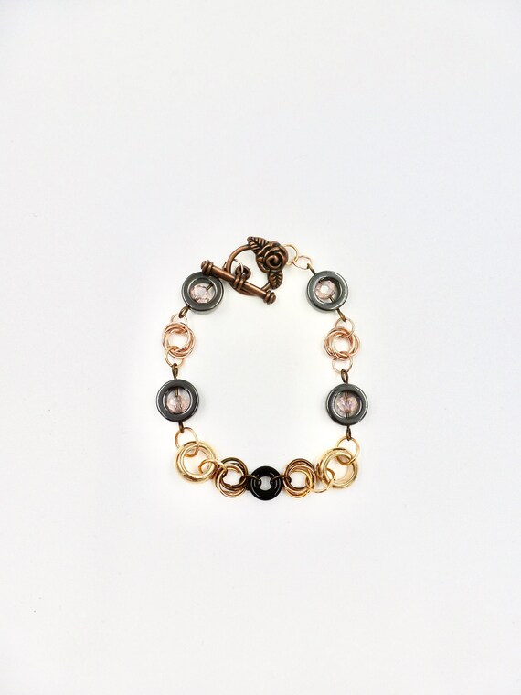 Pink, Grey and Gold Spiral Chainmail Bracelet by Lauren Jay Designs