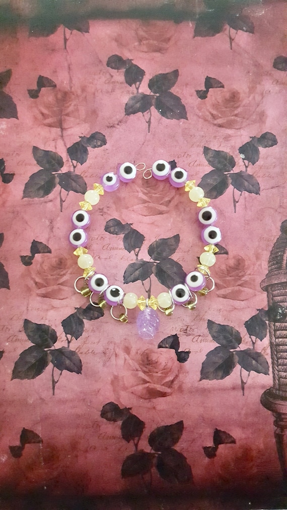 Halloween Purple and Yellow Skull and Evil Eye Beaded Bracelet by Lauren Jay Designs