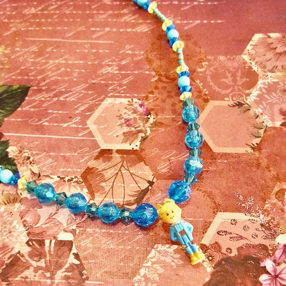 1997 Polly Pocket Charming Prince Doll Pendant Blue and Yellow Beaded Necklace by Lauren Jay Designs
