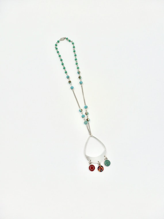 Silver Beaded Pendant Teal Beaded Chain Necklace