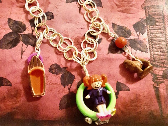 Polly Pocket Betty’s Club Doll Green Ring, Boat and Dog Pendant Gold and Silver Chain Necklace by Lauren Jay Designs