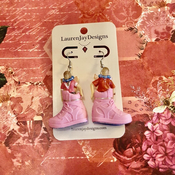 Shoe Fairies Pink Shoes Miniature Fairy Dolls Beaded Dangle Earrings by Lauren Jay Designs
