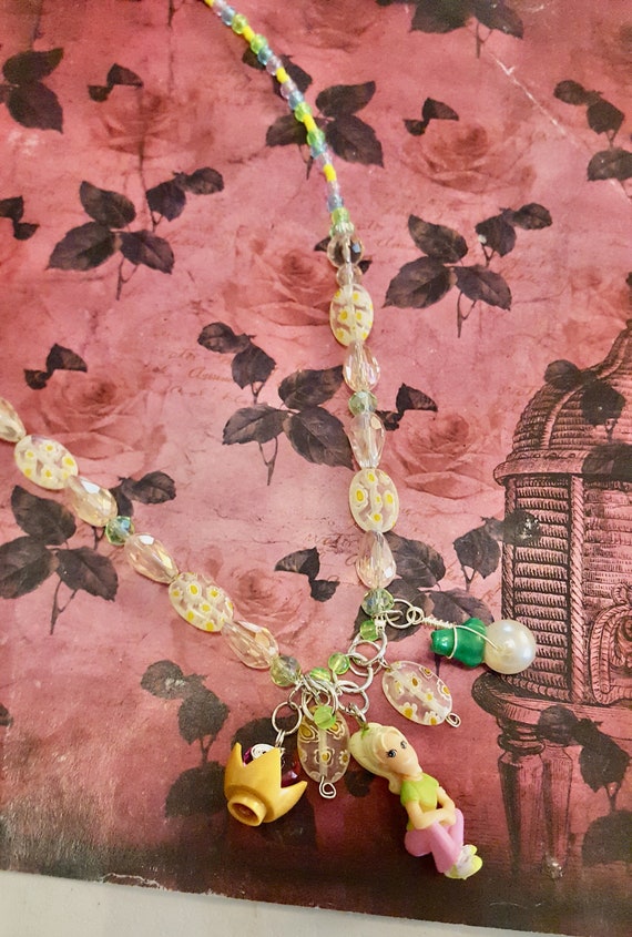Polly Pocket Doll, Crown and Frog Pendant Green and Pink Beaded Necklace by Lauren Jay Designs