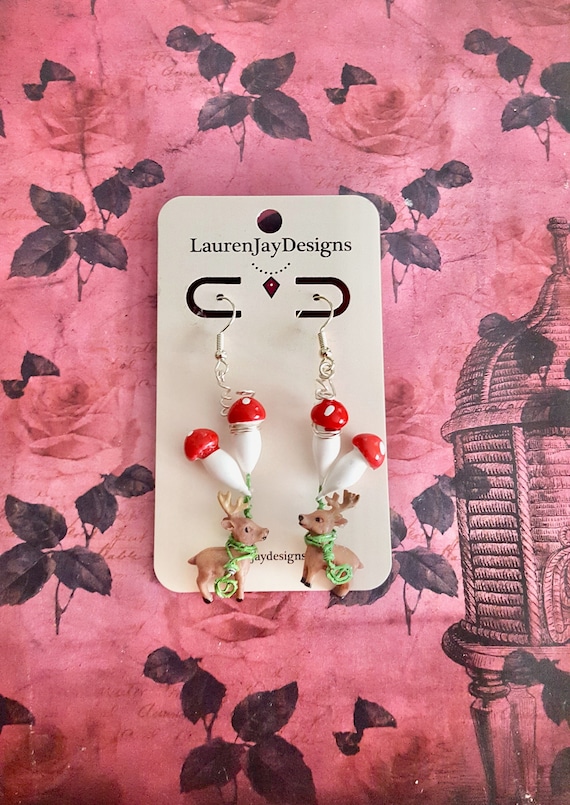 Christmas Reindeer and Mushroom Fairycore Dangle Earrings by Lauren Jay Designs