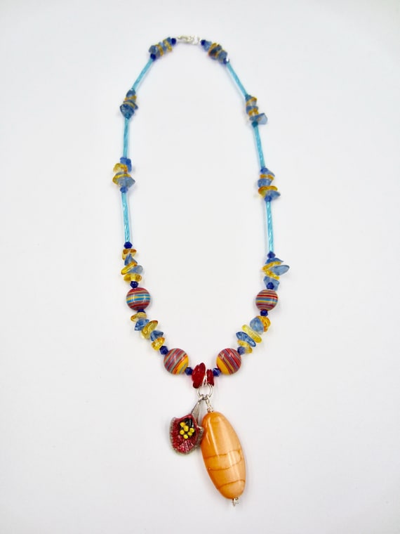 Calla Lily and Orange Stone Pendant Colourful Beaded Necklace by Lauren Jay Designs