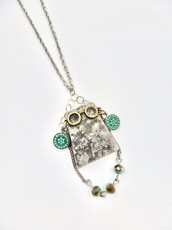 Grey and White Marbled Stone Character Beaded Pendant Silver Chain Necklace by Lauren Jay Designs