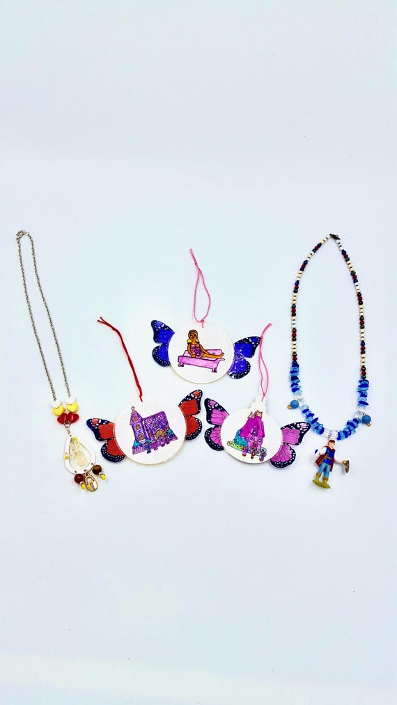 Vintage Polly Pocket Cinderella Prince Beaded Necklace, Fairy Godmother Chain Necklace and 3 Ornament Jewellery Set by Lauren Jay Designs