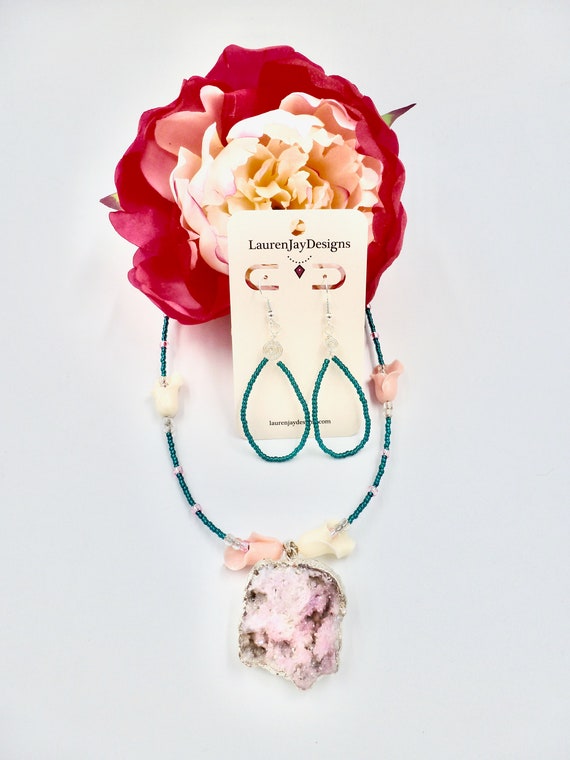 Pink and Silver Crystal Pendant Teal Beaded Necklace and Earring Jewellery Set by Lauren Jay Designs