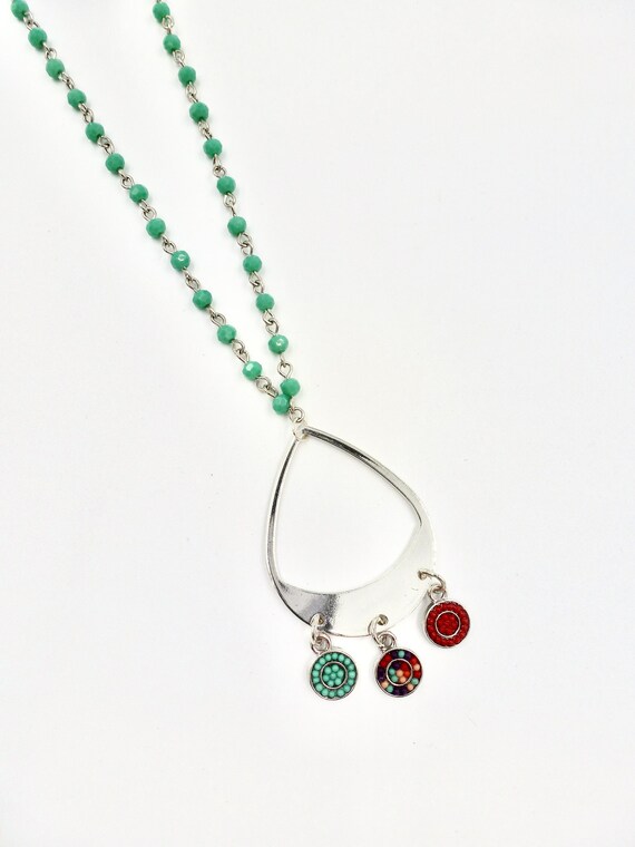 Teal, Rainbow and Red Charm Silver Teardrop Pendant Teal Beaded Chain Necklace by Lauren Jay Designs