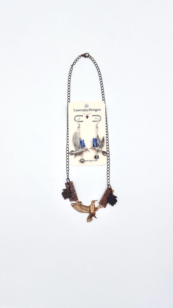 Copper Bird Chain Necklace and Silver Bird Earring Jewellery Set by Lauren Jay Designs