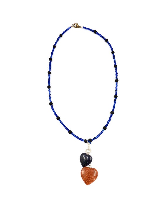 Valentine's Day Heart Chakra Stones Crystal Charms Pendants Lava Stone Blue Beaded Necklace by Lauren Jay Designs