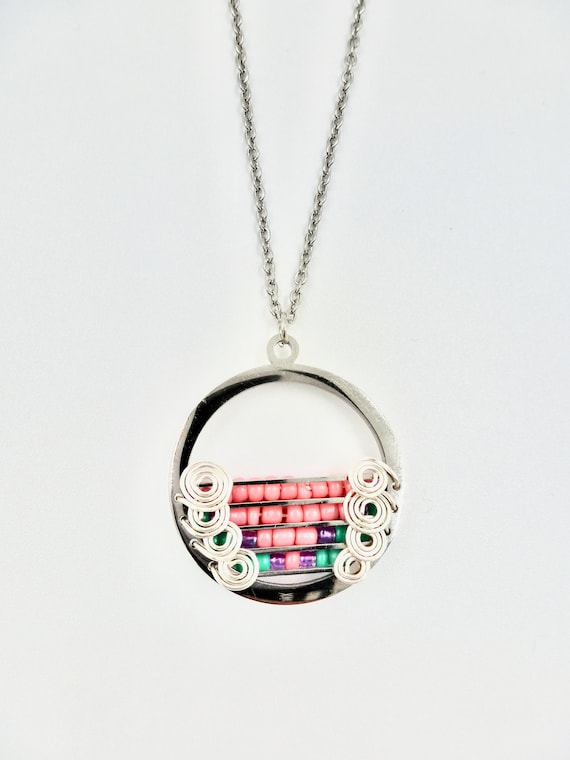 Pink, Purple and Teal Beaded Spiral Wire Wrapped Circle Pendant Silver Chain Necklace by Lauren Jay Designs