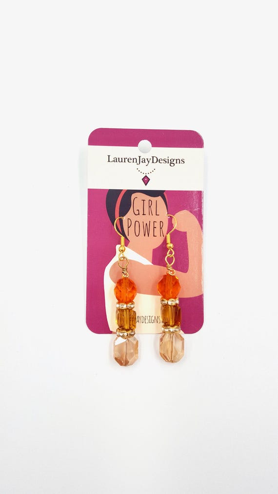 Fall Orange and Gold Crystal Diamond Beaded Dangle Earrings by Lauren Jay Designs