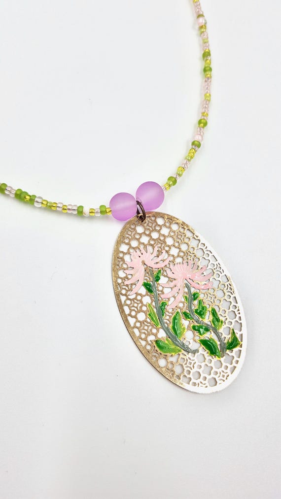 Gold Chrysanthemum Flower Pendant Green and Pink Beaded Necklaces by Lauren Jay Designs