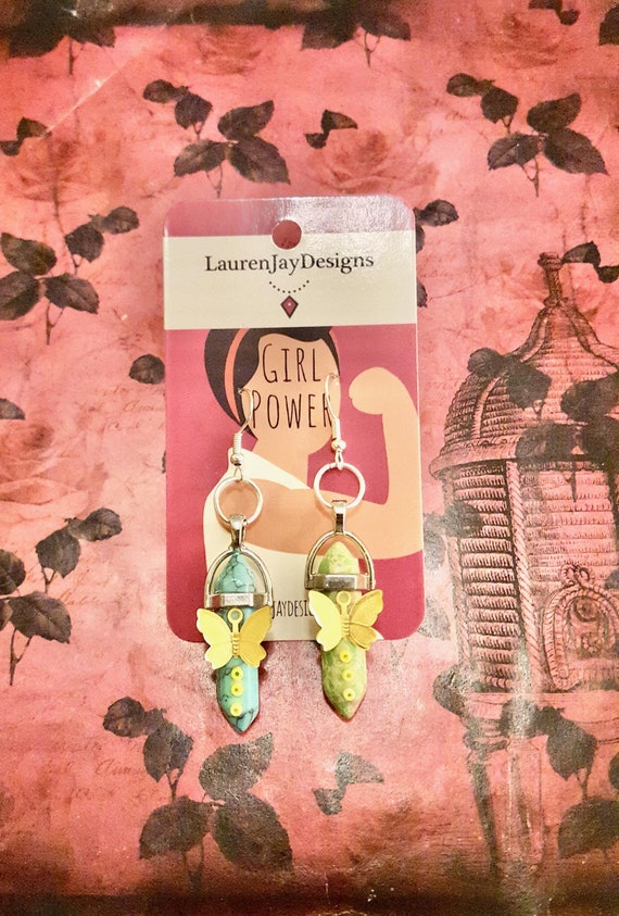 Butterfly Blue and Green Healing Chakra Quartz Crystal Stone Beaded Pendant Dangle Earrings by Lauren Jay Designs