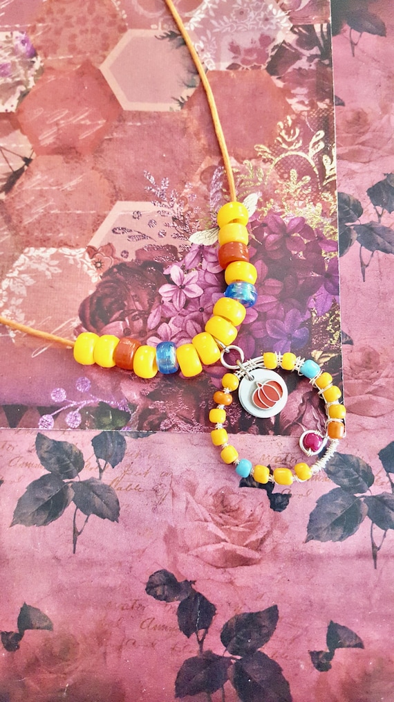 Fall Pumpkin Charm Wire Wrapped Pendant Orange Beaded Cord Necklace by Lauren Jay Designs