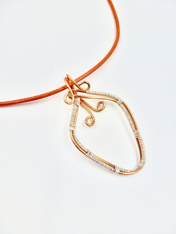 Copper and Silver Wire Wrapped Diamond Shaped Pendant Orange Cord Necklace by Lauren Jay Designs