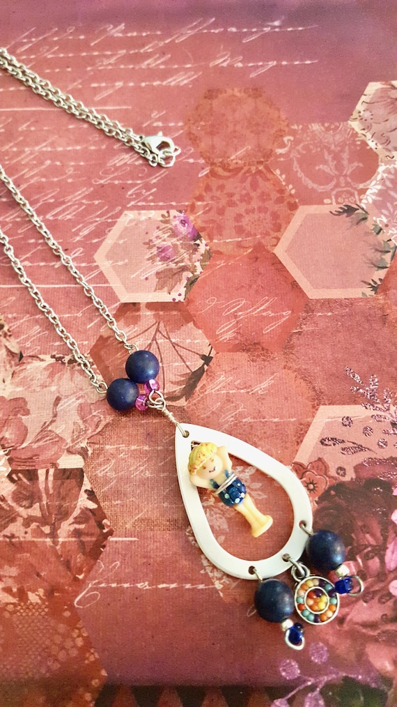1993 Polly Pocket Water Fun Park/Cinderella Fairy Godmother Doll Silver Teardrop Pendant Beaded Silver Chain Necklace by Lauren Jay Designs
