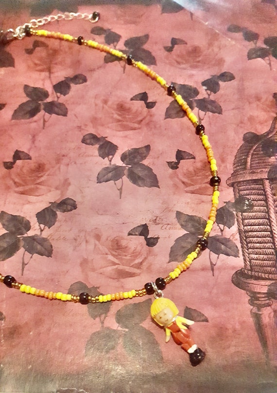 Polly Pocket Midge Doll Pendant Yellow, Orange, Gold and Black Beaded Necklace by Lauren Jay Designs