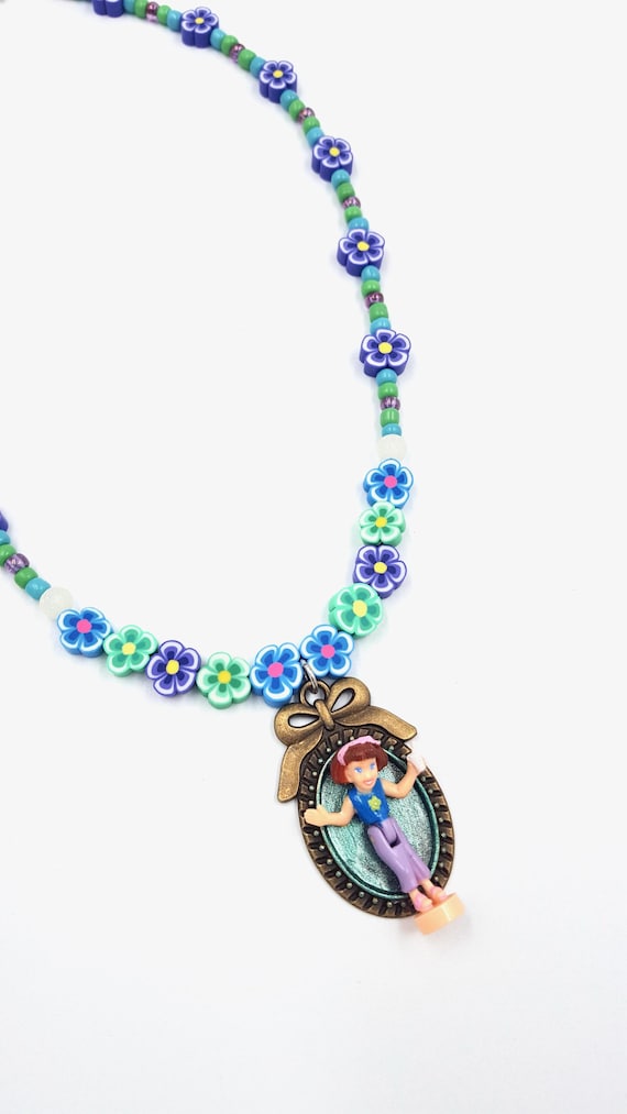 Polly Pocket Mia Doll Copper Bow Frame Pendant Floral Beaded Necklace by Lauren Jay Designs