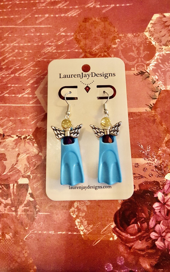 Polly Pocket Shoe Fairies Blue Scuba Fin Smiling Fairy Beaded Dangle Earrings by Lauren Jay Designs