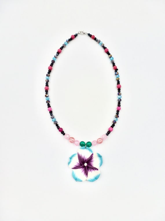 Hawaiian Flower Pendant Purple and Blue Beaded Necklace by Lauren Jay Designs