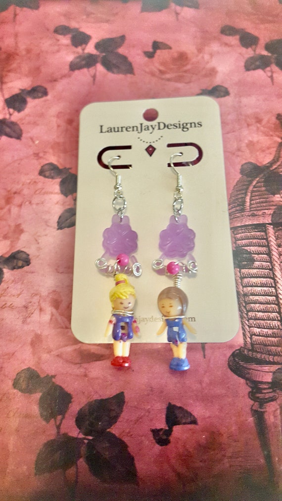 Polly Pocket Floral Purple Beaded Dangle Earrings by Lauren Jay Designs