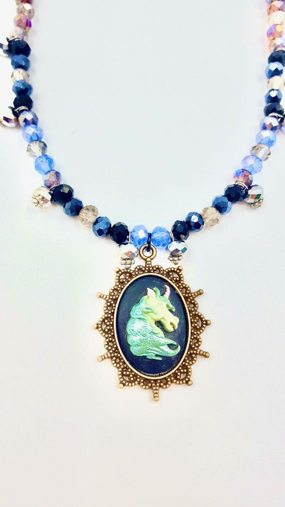 Blue and Pink Unicorn Pendant Blue and Black Crystal Beaded Necklace by Lauren Jay Designs