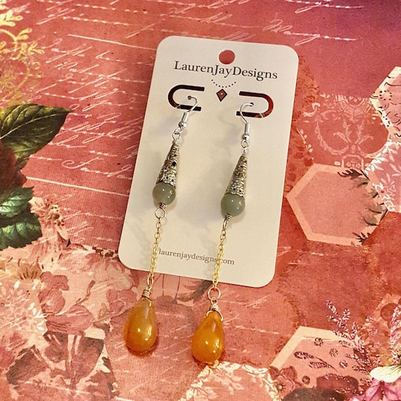 Decorative Metal Bead Cap Mint Green and Orange Teardrop Beaded Chain Dangle Earrings by Lauren Jay Designs