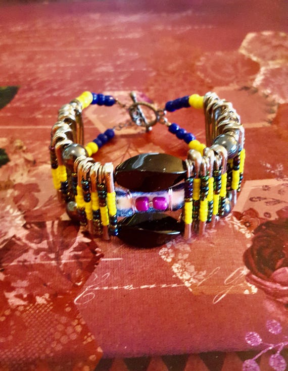Navy Blue and Yellow Beaded Safety Pin Pendant Double Strand Bracelet by Lauren Jay Designs