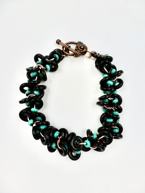 Black and Teal Beaded Copper Chainmail Bracelet by Lauren Jay Designs