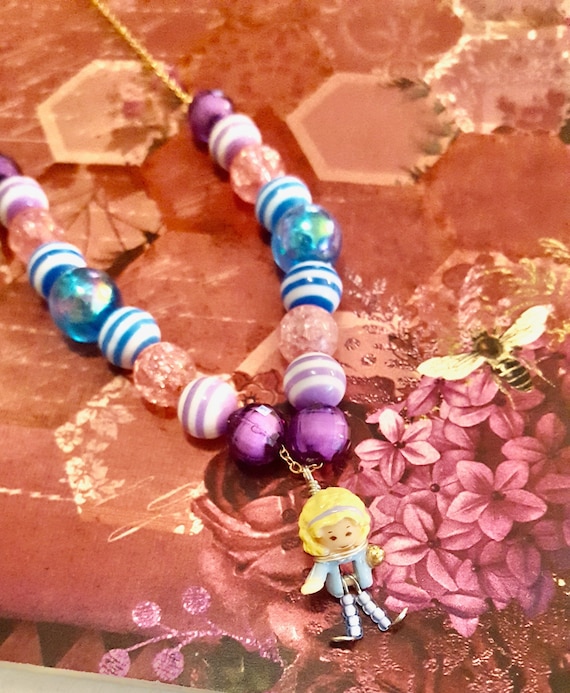 1992 Polly Pocket Doll Pendant Purple, Pink and Blue Beaded Chain Necklace by Lauren Jay Designs