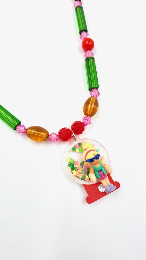 Polly Pocket Crystal Ball Pendant Pink, Green and Yellow Beaded Necklace by Lauren Jay Designs