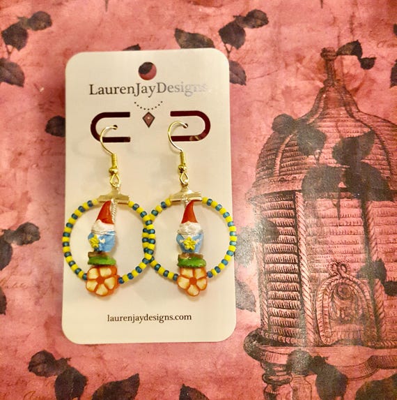 Miniature Gnome Pendant Floral Beaded Hoop Dangle Earrings by Lauren Jay Designs