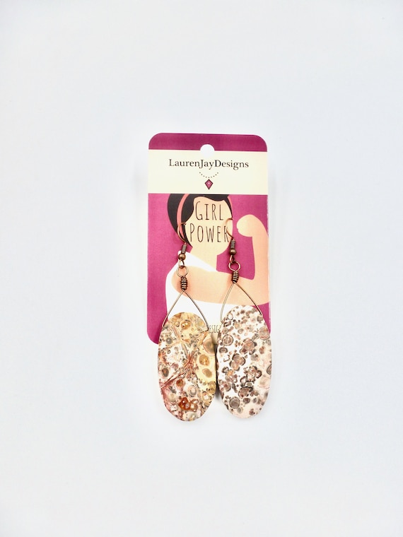 Black Spotted Natural Peach Coloured Stone/Rock Dangle Earrings by Lauren Jay Designs