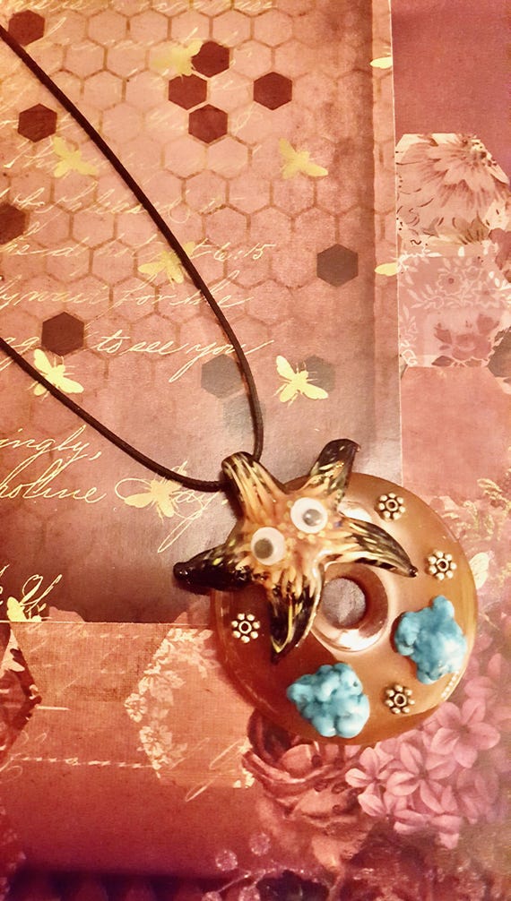 Blown Glass Pink Starfish Blue Coral Under The Sea Beaded Orange Pendant Black Cord Necklace by Lauren Jay Designs
