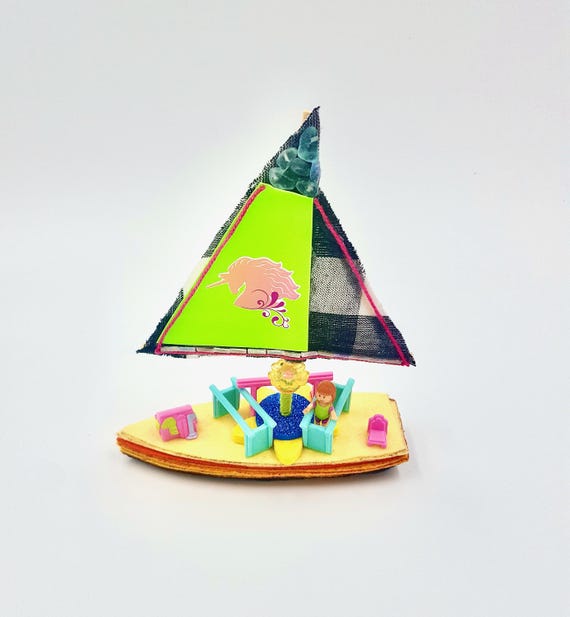 Polly Pocket Unicorn Sailboat Art with 1995 Clubhouse Gymnastics Doll and Furniture by Lauren Jay Designs