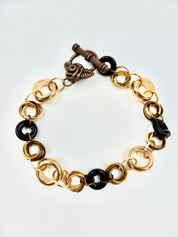 Gold and Black Spiral Chainmail Bracelet with Copper Rose Clasp by Lauren Jay Designs