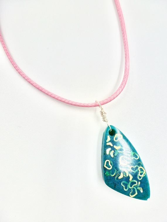 Teal Resin Gold Heart Sparkle Triangle Pendant Pink Cord Necklaces by Lauren Jay Designs