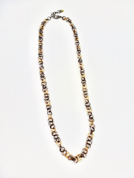 Clear Glass Beaded Gold, Copper and Chrome Chainmail Chain Necklace by Lauren Jay Designs