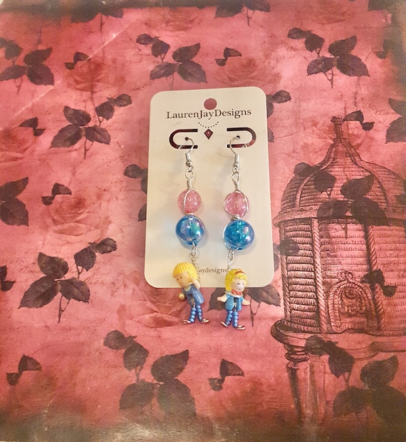 Polly Pocket and Midge Blue and Pink Beaded Silver Wire Wrapped Dangle Earrings by Lauren Jay Designs