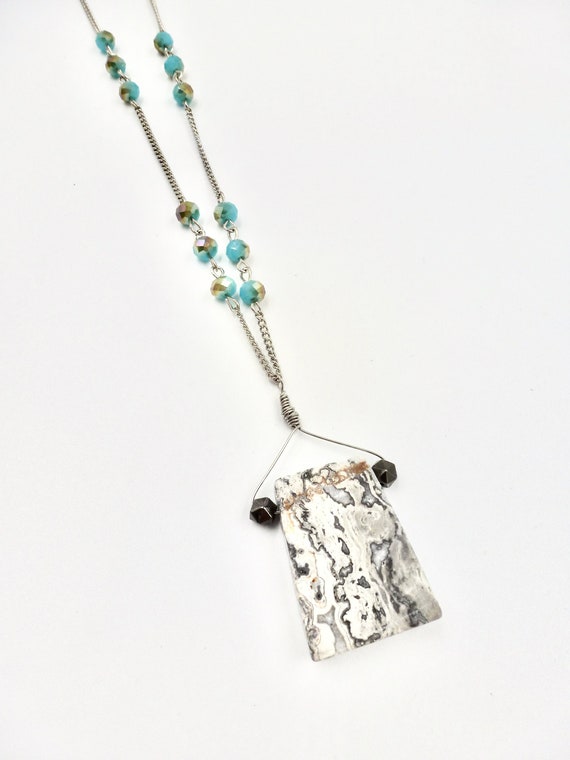 Grey and White Marbled Stone/Rock Beaded Pendant Blue and Copper Beaded Chain Necklace by Lauren Jay Designs