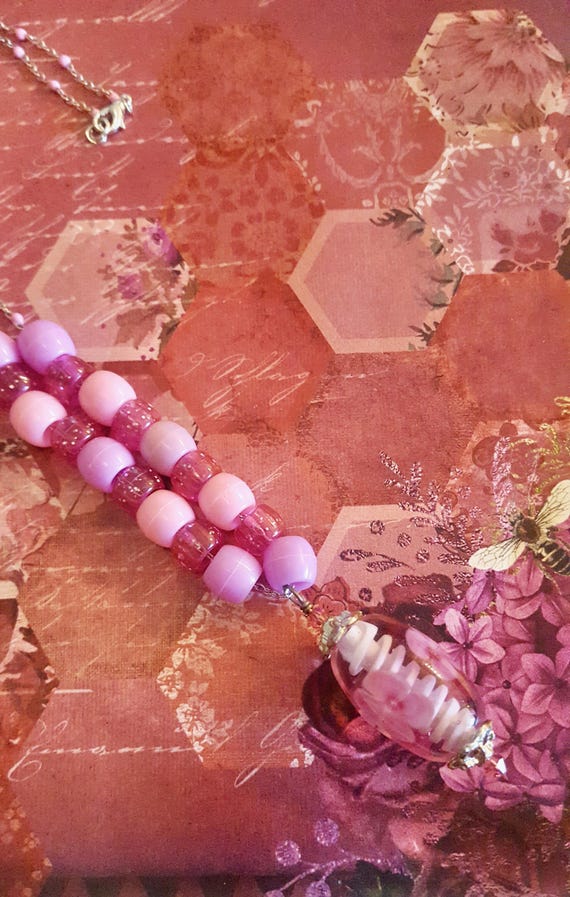 Pink/Blue Lampwork Glass Beaded Pendant Beaded Pink Chain Necklaces by Lauren Jay Designs